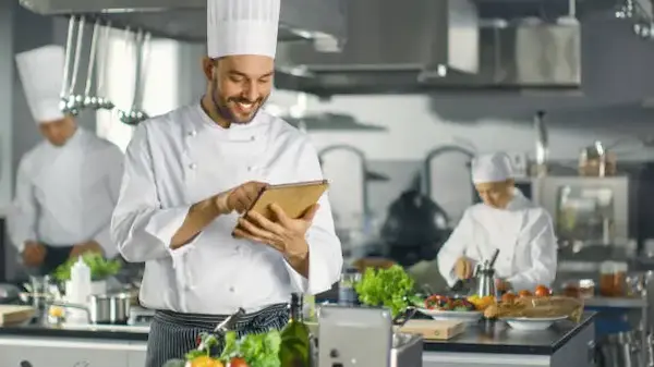 Professional chef cooking food in commercial kitchen